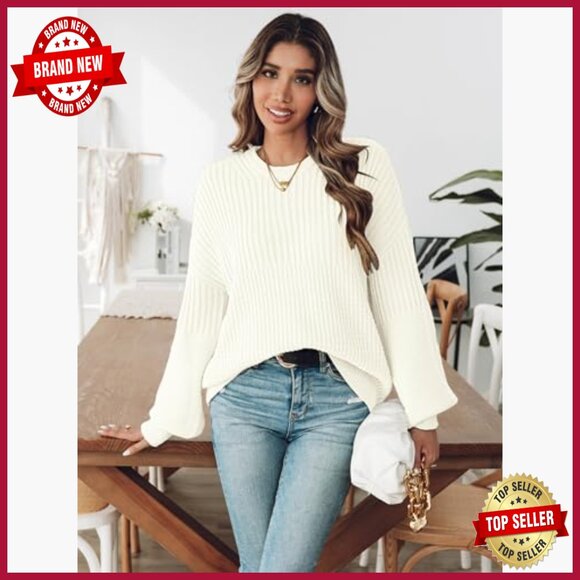 Oversized Batwing Sleeve Sweater Ribbed Waffle Knit Pullover Crewneck - Picture 4 of 7